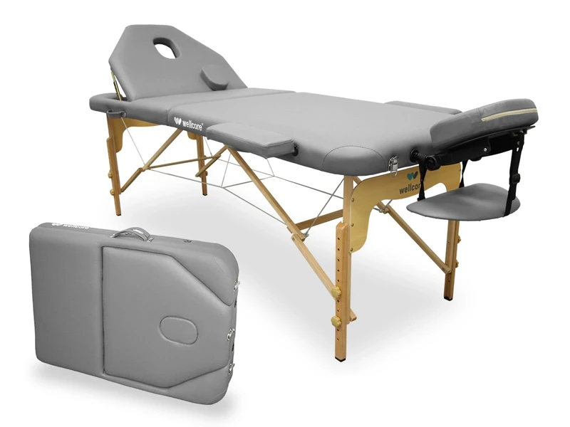 Quirumed WELLCORE Folding Massage Table with Folding Back, Made of Wood, Leatherette, 195 x 70 cm, Adjustable Height, Removable Head, Facial Hole, Silver, Up to 225 kg