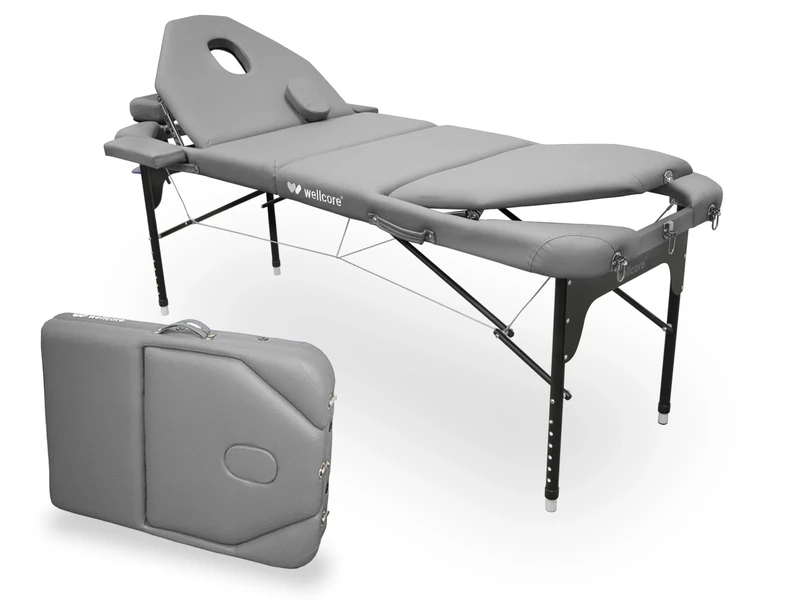 Quirumed WELLCORE Aluminium Folding Stretcher with Double Folding Back, 185 x 65 cm, Leatherette, Adjustable Head, Facial Hole, Silver, Carrying Backpack, Up to 225 kg