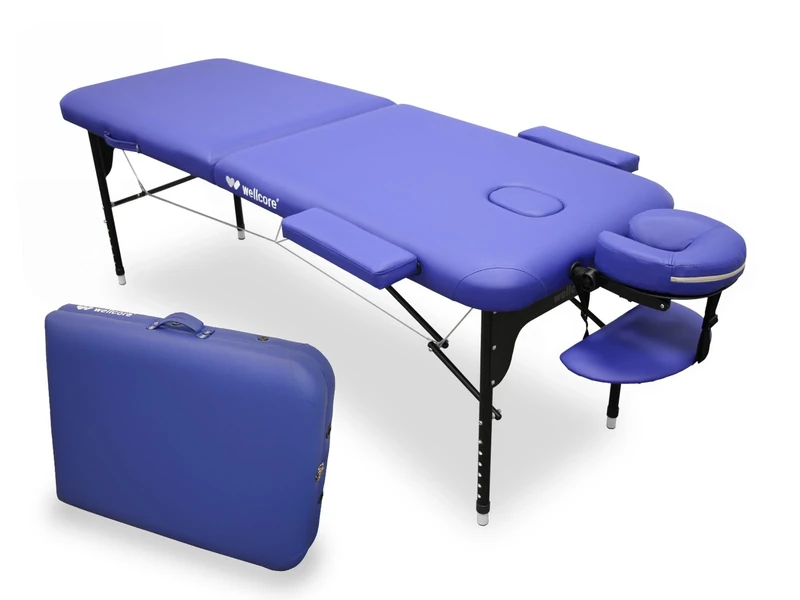 Quirumed WELLCORE Aluminium Folding Stretcher, 185 x 65 cm, Leatherette, Adjustable Head, Facial Hole, Side Arms, Blue, Carry Backpack, Up to 225 kg