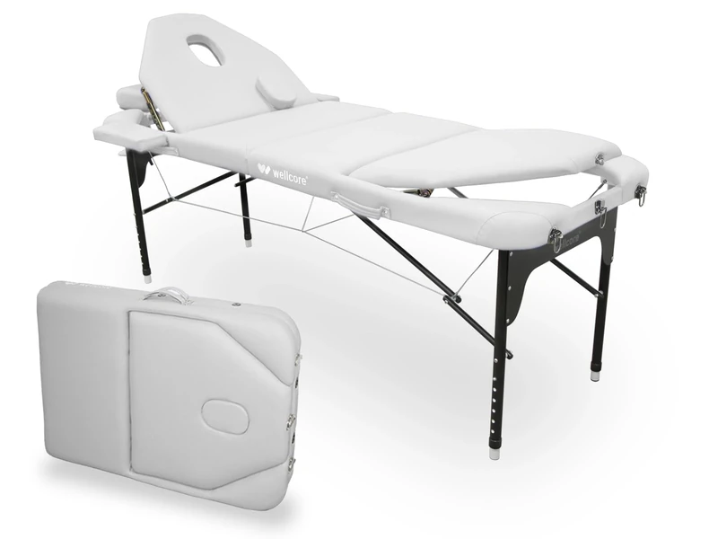 Quirumed WELLCORE Aluminium Folding Stretcher with Double Folding Back, 185 x 65 cm, Leatherette, Adjustable Head, Facial Hole, White, Carrying Backpack, Up to 225 kg