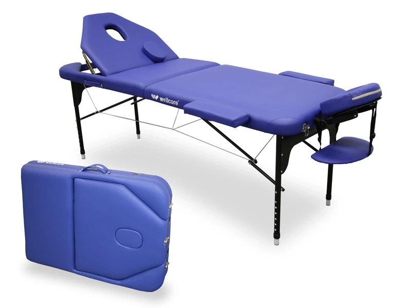 Quirumed WELLCORE Aluminium Folding Stretcher with Folding Back, 185 x 65 cm, Leatherette, Adjustable Height, Articulated Head, Facial Hole, Blue, Carrying Backpack, Up to 225 kg