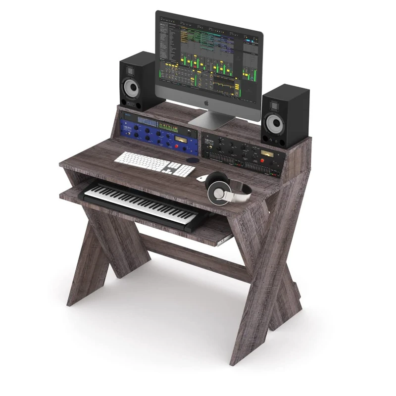Glorious Sound Desk Compact Walnut - Compact studio workstation in smart design with large work surface, extendable keyboard compartment, 2 x 3U racks and cable duct inside