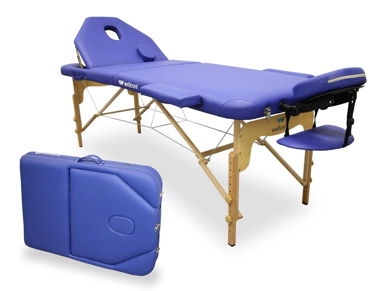 Quirumed WELLCORE Folding Massage Table with Folding Back, Made of Wood, Leatherette, 195 x 70 cm, Adjustable Height, Removable Head, Facial Hole, Blue, Up to 225 kg - Image 1