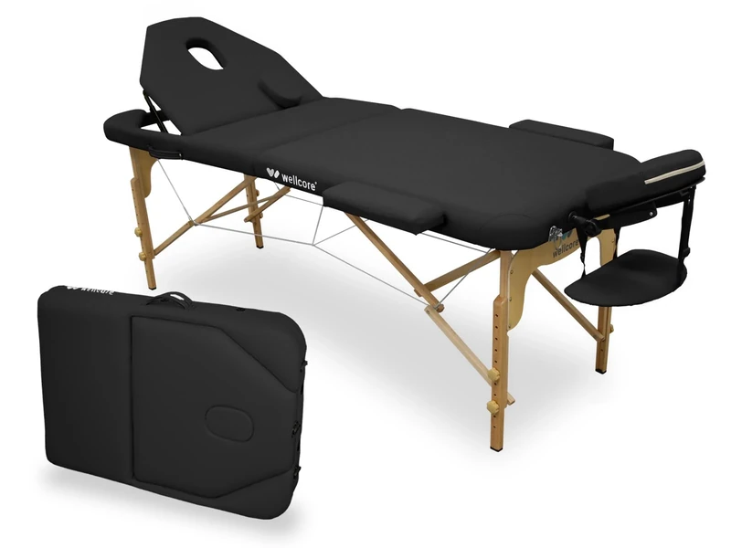 Quirumed WELLCORE Wooden Folding Massage Table with Folding Back, Plus, 185 x 65 cm, Leatherette, Adjustable Height, Removable Head, Facial Hole, Black, Up to 225 kg