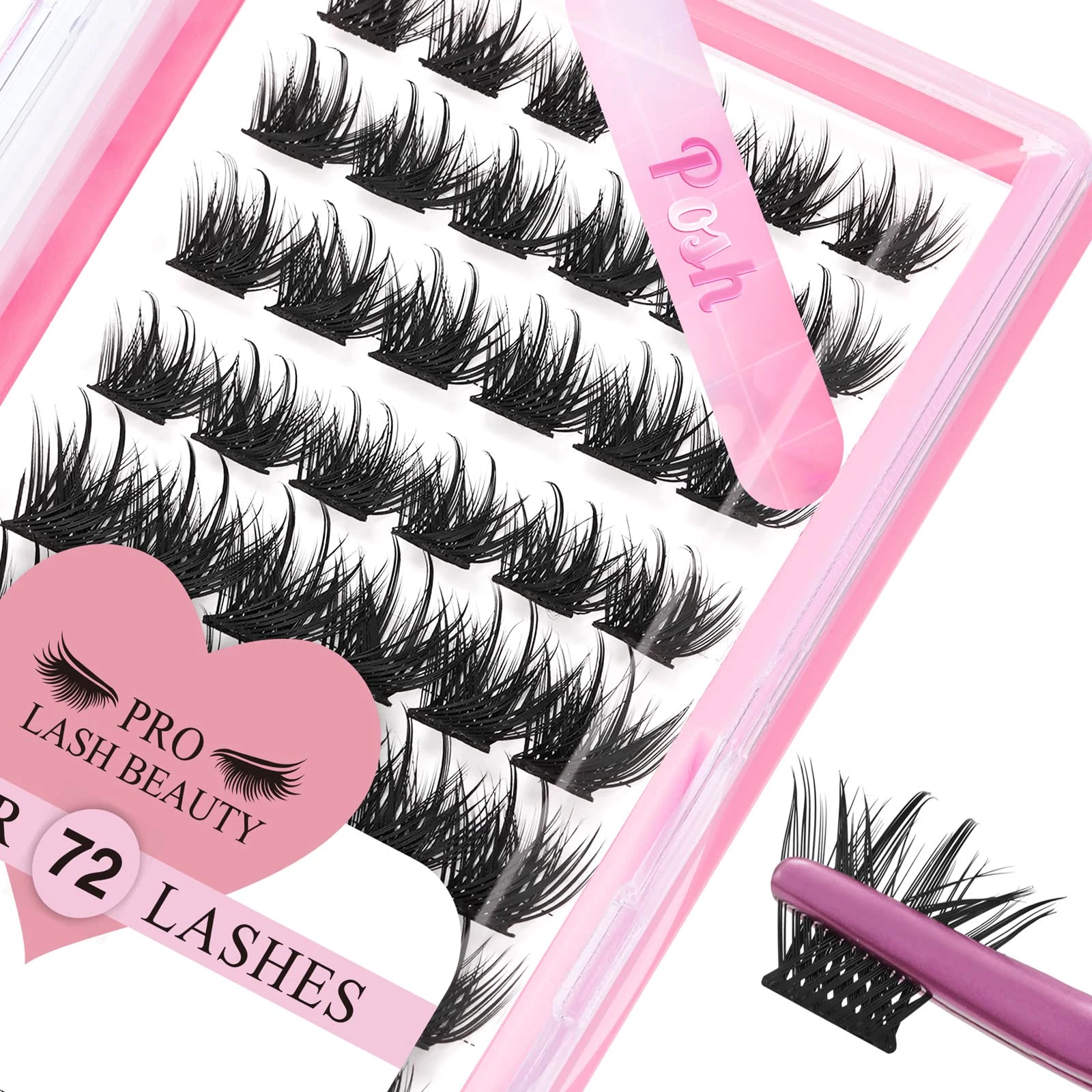 Lash Clusters, 72 Pcs Individual Cluster Lashes DIY Lash Extension 8-16mm Eyelash Clusters Volume Wispy Lashes Super Thin Band Reusable Soft & Comfortable(Posh,D-8-16mix)