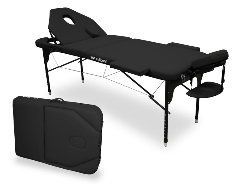 Quirumed WELLCORE Aluminium Folding Table with Folding Back, 185 x 65 cm, Leatherette, Adjustable Height, Articulated Head, Facial Hole, Black, Carry Backpack, Up to 225 kg