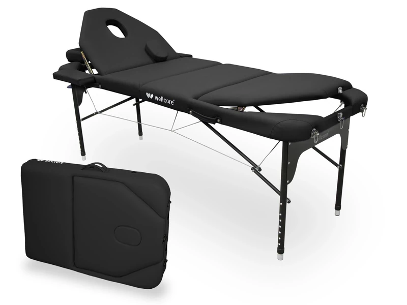 Quirumed WELLCORE Aluminium Folding Stretcher with Double Folding Back, 185 x 65 cm, Leatherette, Adjustable Head, Facial Hole, Black, Carrying Backpack, Up to 225 kg