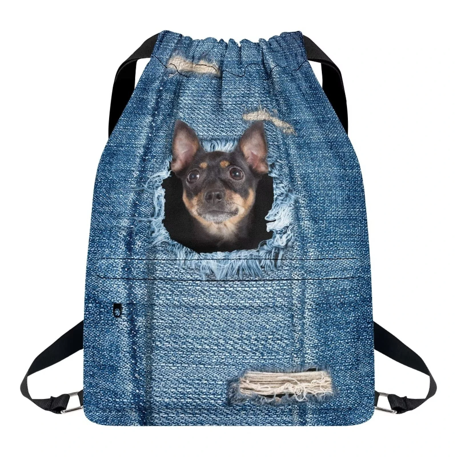 Dolyues Denim Chihuahua Backpack Water Resistant Swimming Sport Bag with Zipper Pocket & Inner Pockets Large Portable Cinch Bagpack, Cute Back Packs for Girl Boy Kid
