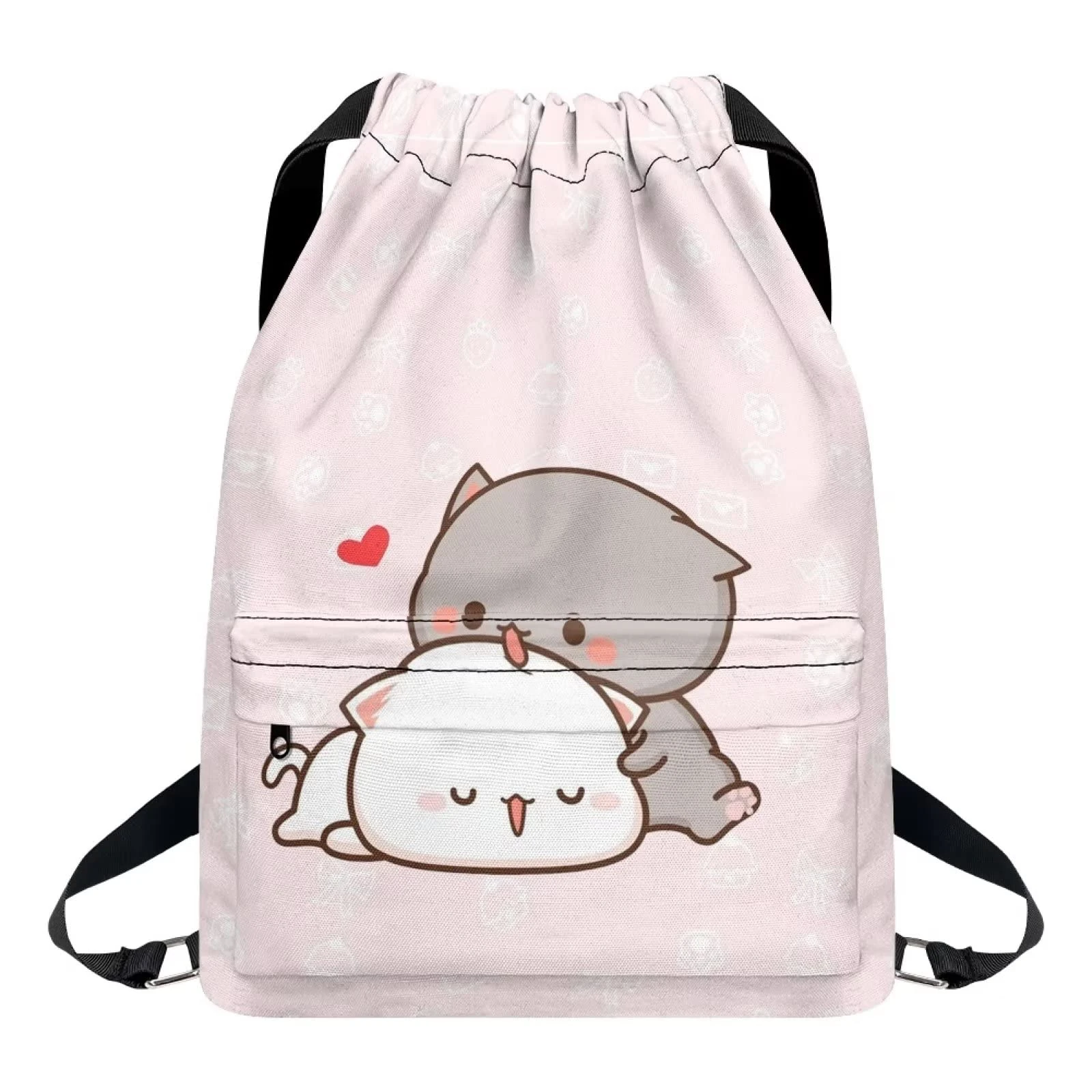 Dolyues Cute Cat Couple Lover Drawstring Bag for Boy Girl Women Waterproof PE Bags for Swimming School Sport Yoga Softpack with Zipper Pocket Portable Backpack, Pink
