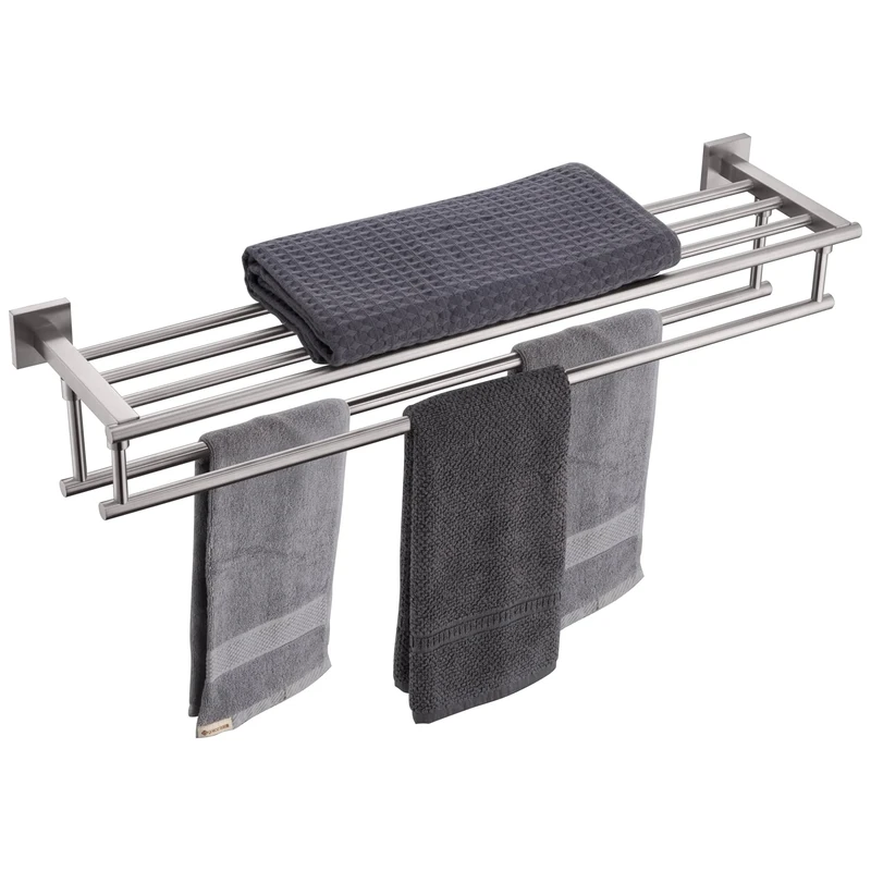 KOKOSIRI Towel Shelf with Double Towel Bars 32 Inches Bathroom Towel Rack Bath Towel Holder Wall Mounted Stainless Steel, Brushed Nickel, B6005BR-L32