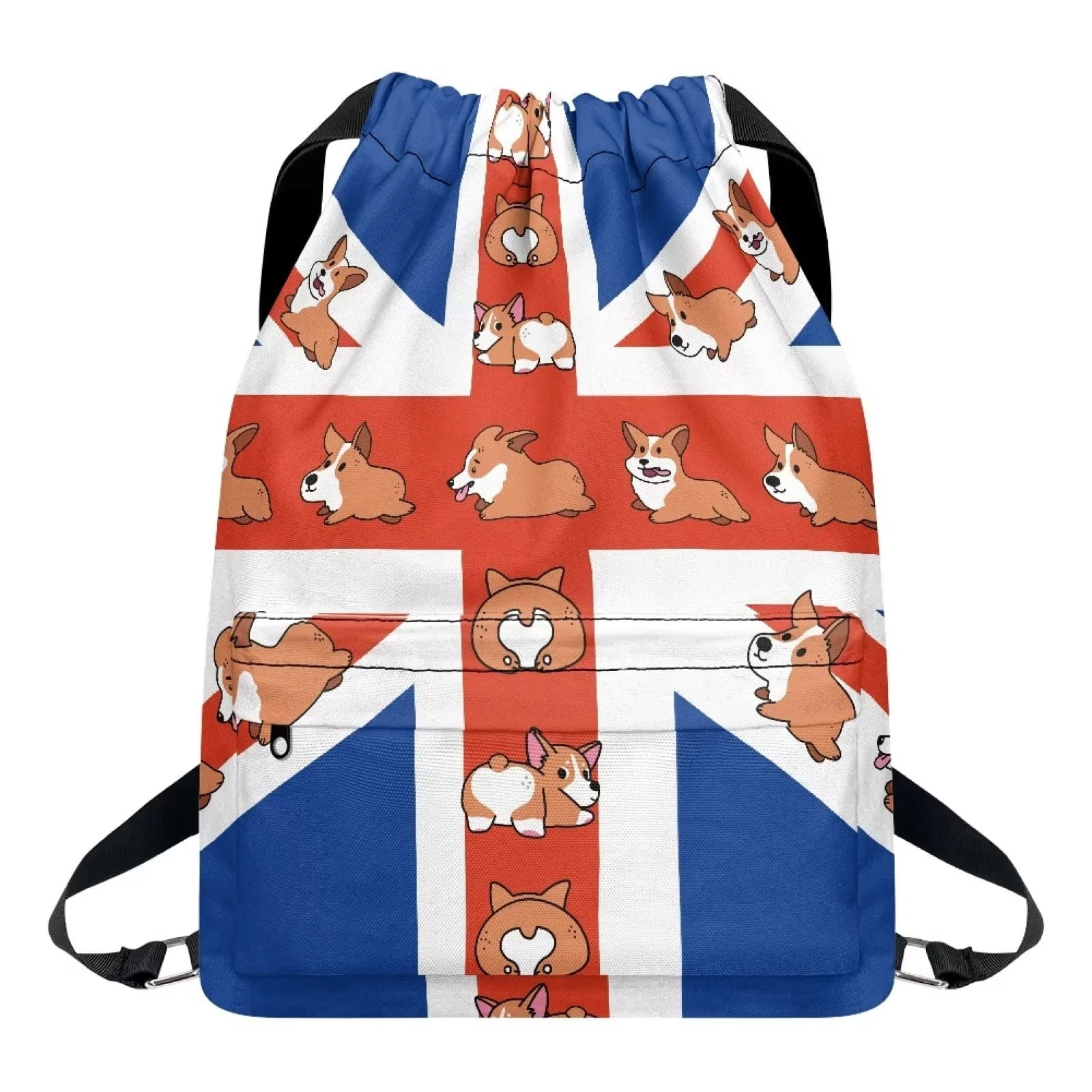 Dolyues British Flag with Corgi Drawstring Bags Large Portable Cinch Bag Sport Swimming Waterproof PE Sackpack Zip Gymsack Wear Resistant Backpack