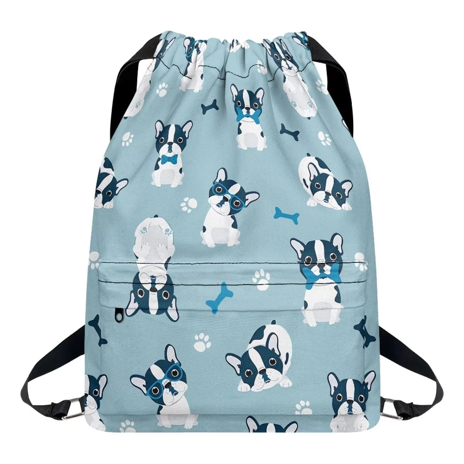 Dolyues Boston Terrier Drawstring Bags for Girl Boy Large Yoga Backpack with Zipper Pocket Waterproof String Swimming Bag School Backpack, Blue, Cute Animal Bagpack