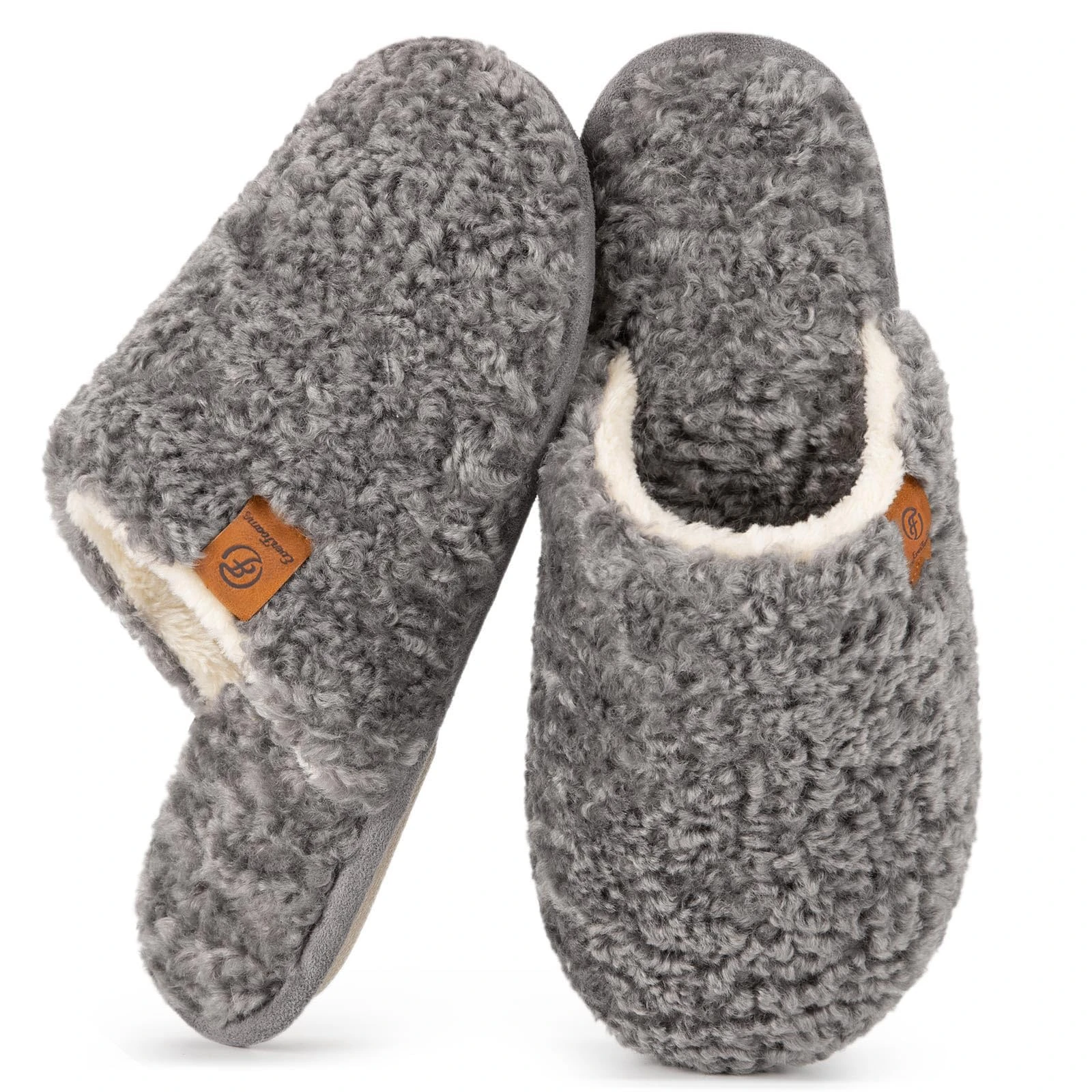 EverFoams Women's Slippers Cosy Fuzzy Faux Alpine Shearling House Shoes Ladies' Memory Foam Slip-ons with Lightweight Non-slip Sole Light Grey, 3-4 UK