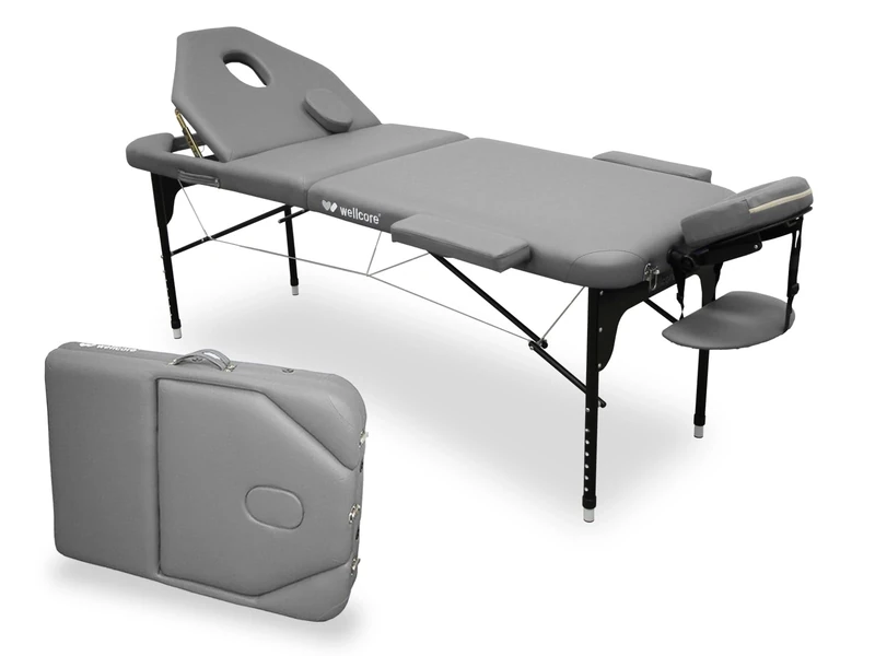 Quirumed WELLCORE Aluminium Folding Table with Folding Back, 185 x 65 cm, Leatherette, Adjustable Height, Articulated Head, Facial Hole, Silver, Carrying Backpack, Up to 225 kg