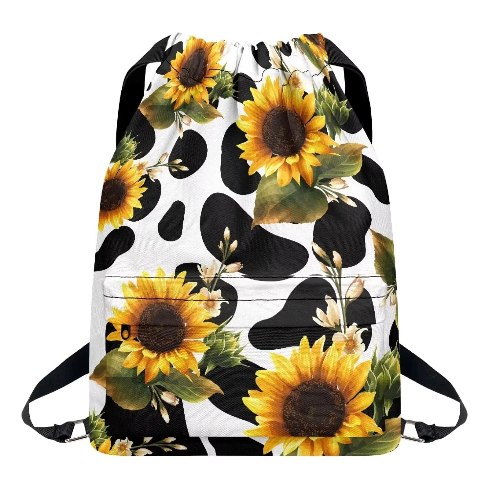 Dolyues Sunflower Cow Drawstring Bags Gym Sport Portable Backpack with Zipper Pocket for Women Girl Boy School Softpack Waterproof Swimming Bagpack