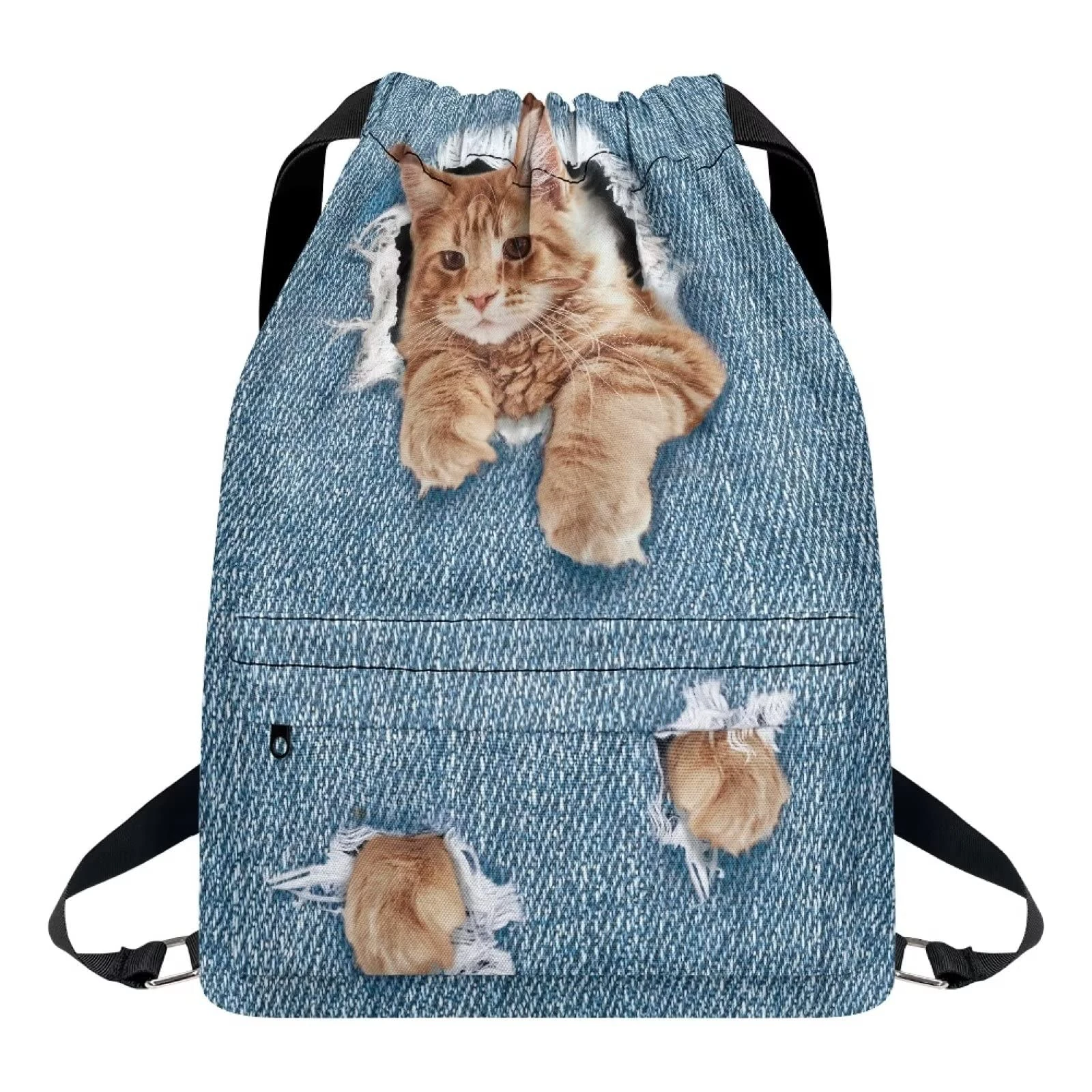 Dolyues Denim Cat Backpack Water Proof String Swimming Bag Yoga Dance Gymsack with Zipper Pocket Suitable for Sport School, Portable Dance Yoga Gymsack, Blue, Cute