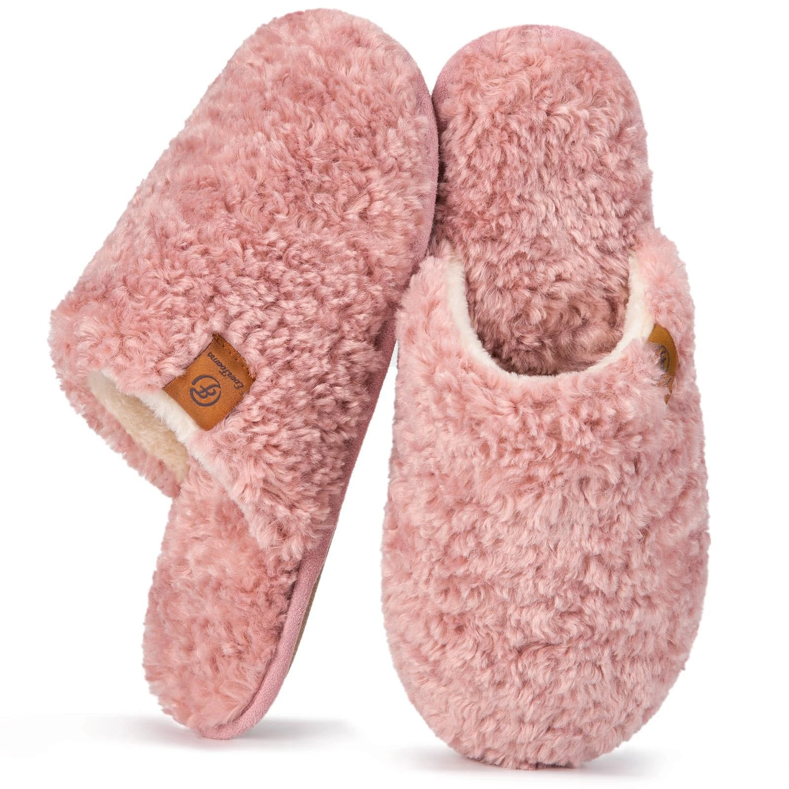 EverFoams Women's Slippers Cosy Fuzzy Faux Alpine Shearling House Shoes Ladies' Memory Foam Slip-ons with Lightweight Non-slip Sole Pink, 3-4 UK