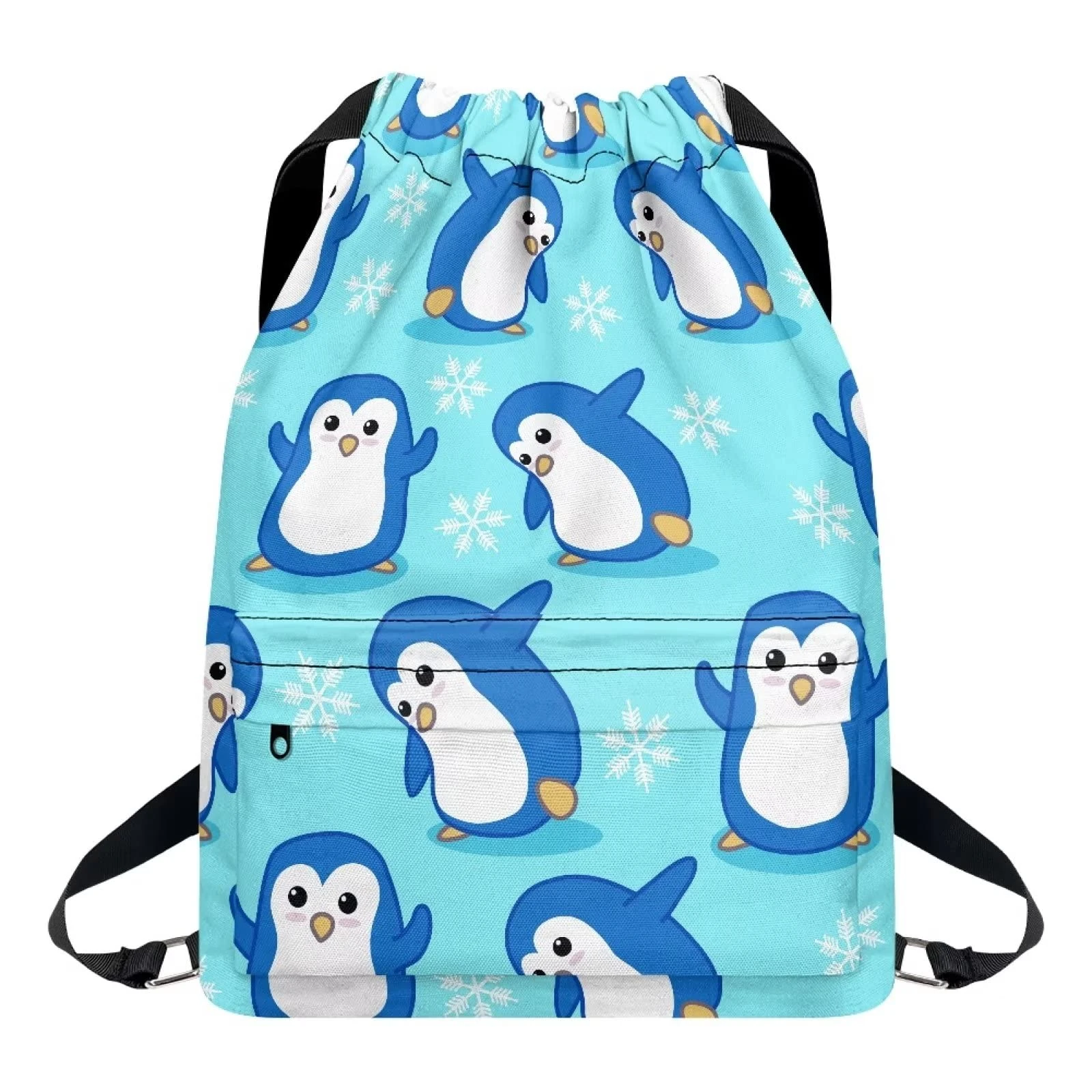 Dolyues Penguin Drawstring Bags Gym Sport Portable Backpack with Zipper Pocket for Girl Boy School Softpack Waterproof Swimming Bagpack Cute Cinch Sackpack