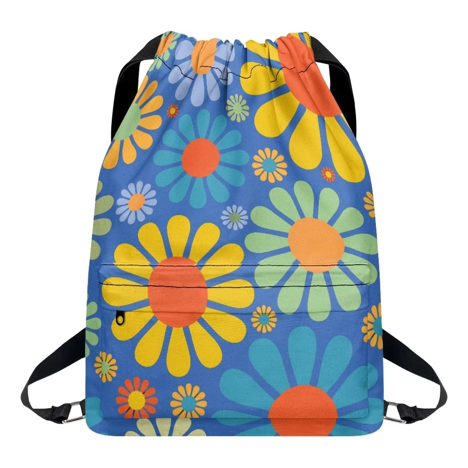 Dolyues Abstract Hippie Flower Backpack for Women Girl Yoga Travel Shopping Large Drawstring Bags Waterproof String Swimming Bag with Zipper Pocket Portable Bagpack