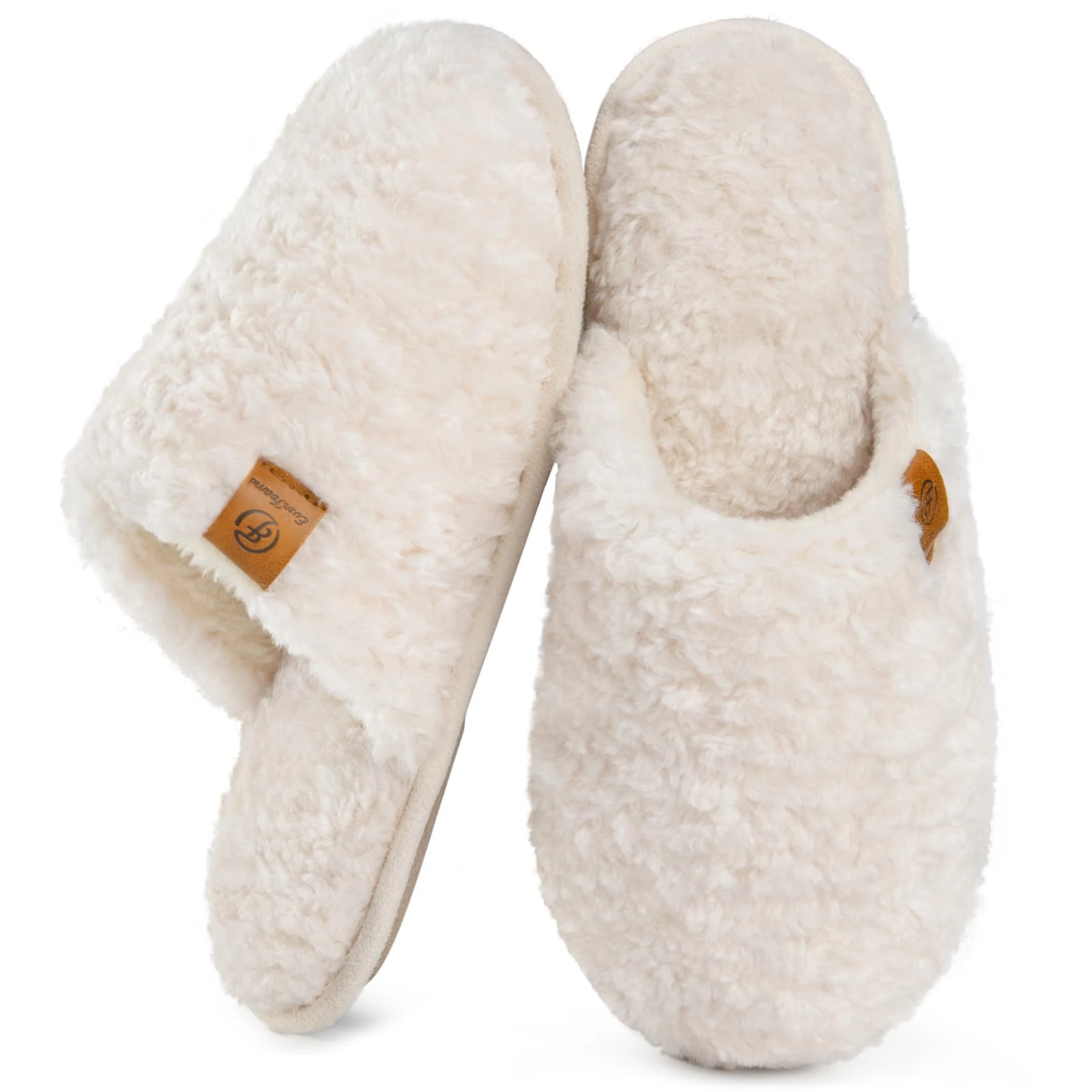 EverFoams Women's Slippers Cosy Fuzzy Faux Alpine Shearling House Shoes Ladies' Memory Foam Slip-ons with Lightweight Non-slip Sole Cream White, 5-6 UK