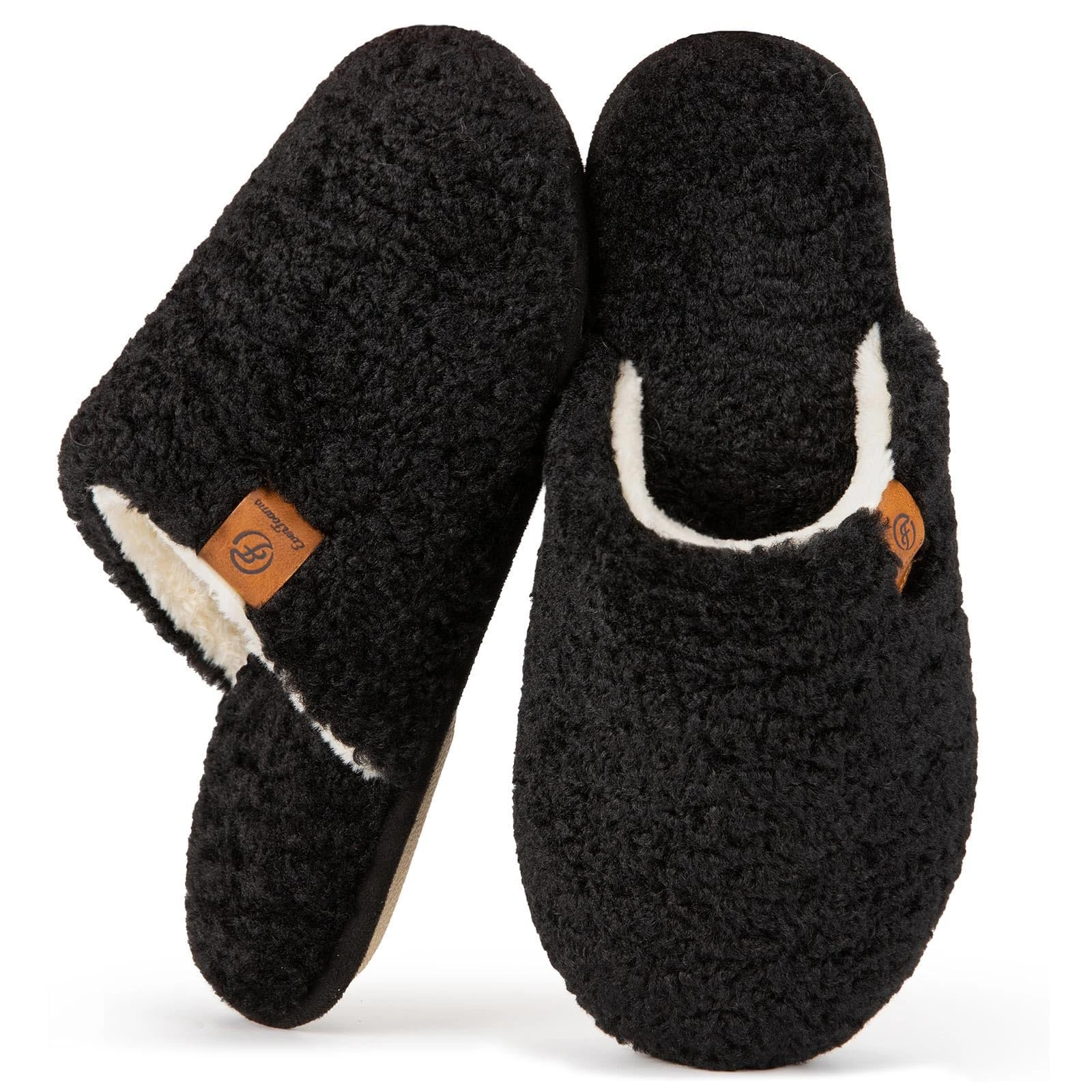 EverFoams Women's Slippers Cosy Fuzzy Faux Alpine Shearling House Shoes Ladies' Memory Foam Slip-ons with Lightweight Non-slip Sole Black, 3-4 UK