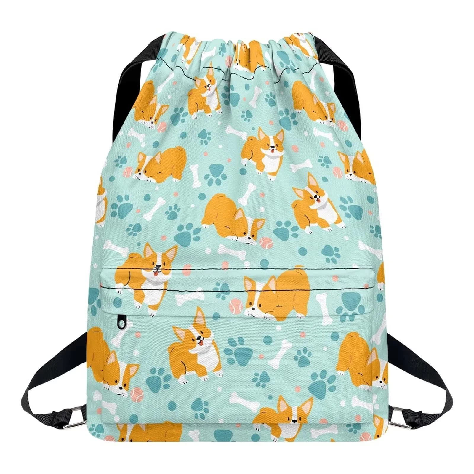 Dolyues Corgi Paw Bone Backpack Water Proof String Swimming Bag Yoga Dance Gymsack with Zipper Pocket Suitable for Sport School, Portable Drawstring Bags