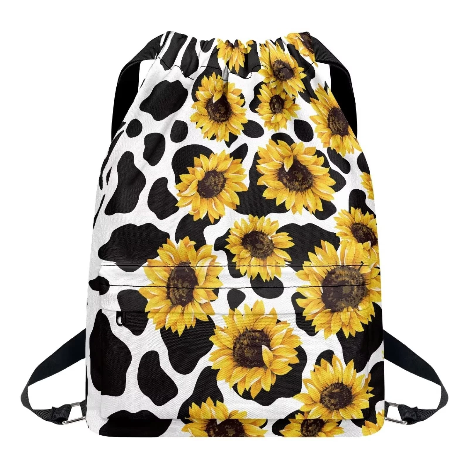 Dolyues Cow Sunflower Drawstring Bags Large Swim PE Bag with Zipper School Running Sport Portable Backpack Multi Functional Sack Pack for Women Men