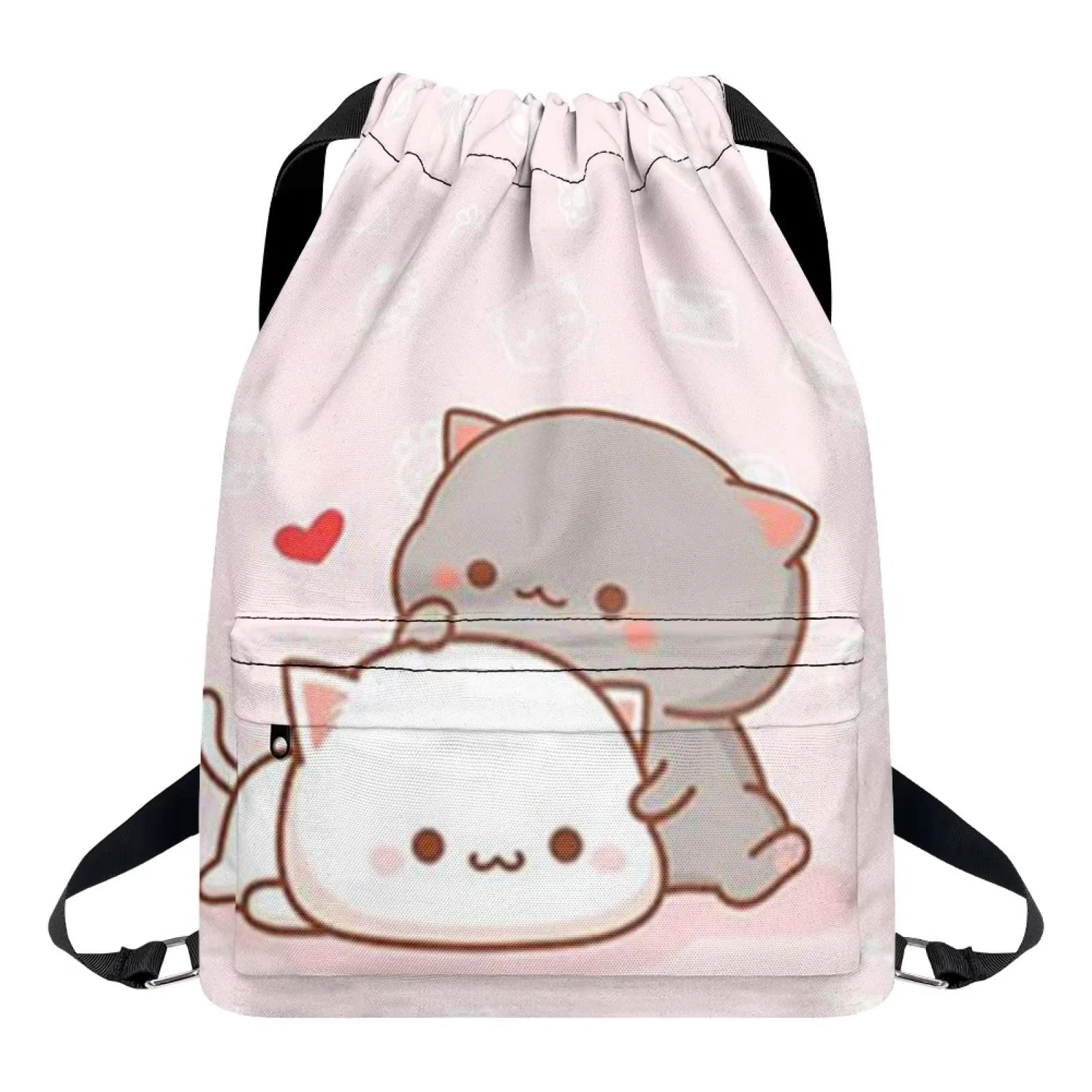 Dolyues Cat Couple Lover Gym Sack Pack Large Capacity Drawstring Bags Zipper Swimming Sport Bag Water Resistant Trainer Bagpack, Pink, Cute