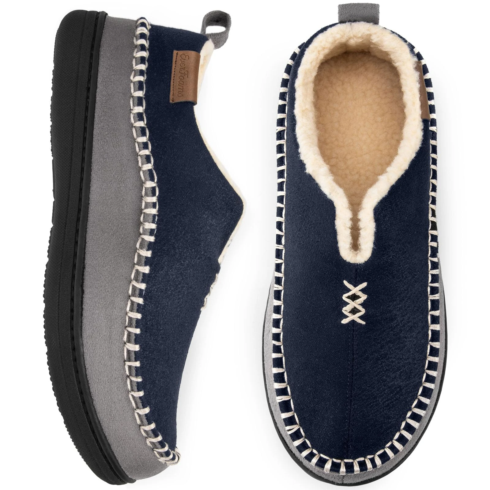 EverFoams Men's Micro Suede Memory Foam Moccasin Slippers with Fuzzy Sherpa Lining and Anti-skid Sole Size Navy,7 UK