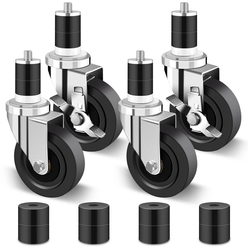 Nefish 4 Inch Prep Table Casters Wheels, Heavy Duty Casters 1200 LBS, Expanding Stem Caster Set of 4 Fit Both 1-1/2" and 1-5/8" Leg Tube Adapters for Stainless Steel Worktable, Kitchen Prep Tables