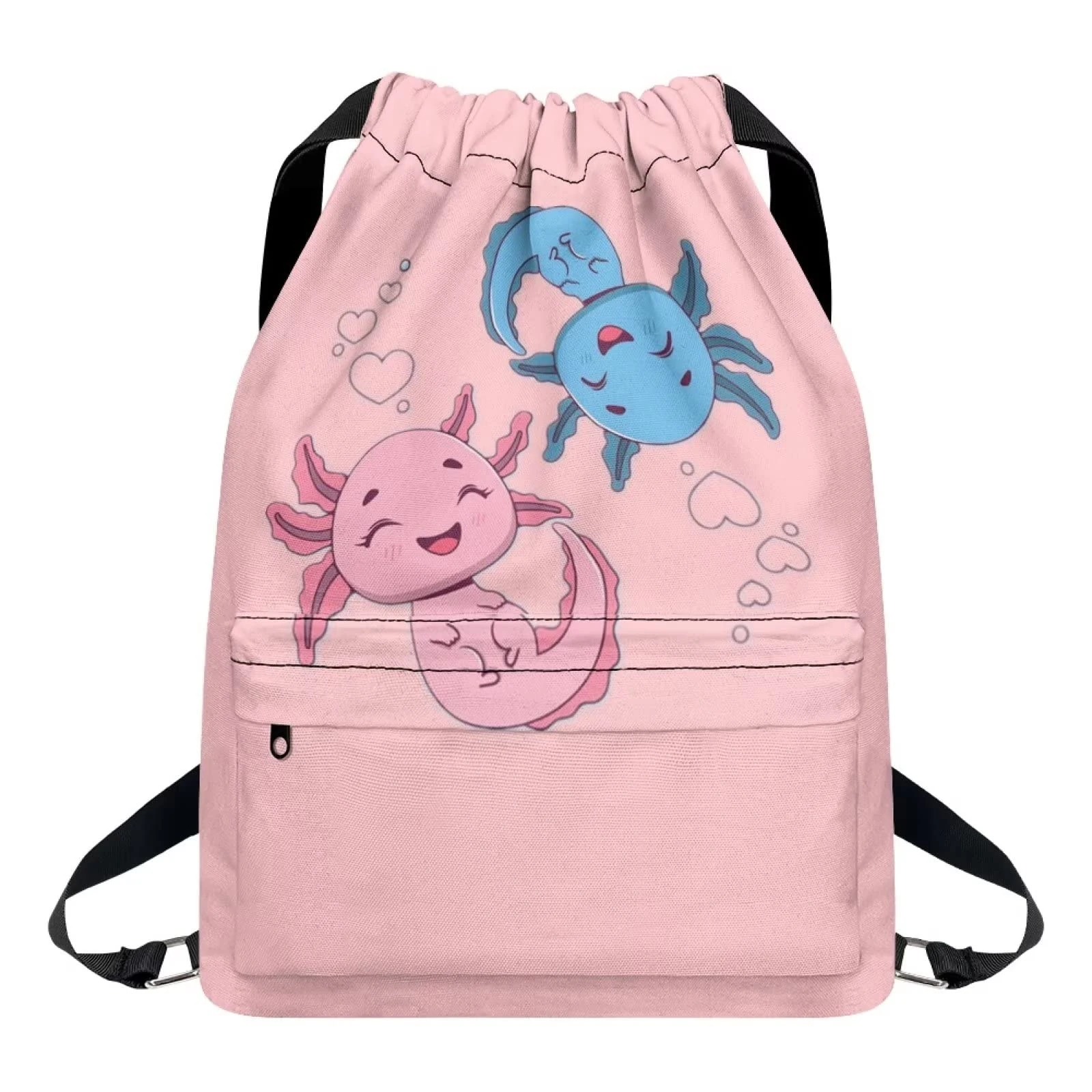Dolyues Cute Axolotl Drawstring Bags Gym Sport Portable Backpack with Zipper Pocket for Girl Boy School Softpack Waterproof Swimming Bagpack Cartoon Fish Print Pink Cinch Sackpack