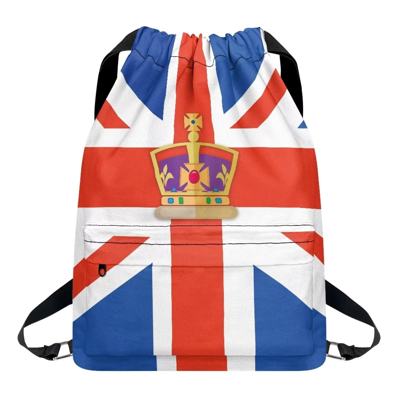 Dolyues British Flag Backpack Large Capacity Drawstring Bag with Zipper Pocket Multi Functional Bags for Travel Hiking Fishing