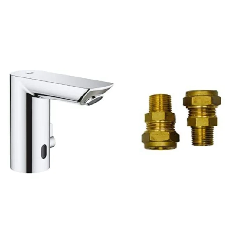 GROHE BAU Cosmopolitan E & UK Adaptors - Infrared Sensor Touchless Basin Tap with Mixing Device (Water Saving Tech., Battery Powered, 7 Pre-Set Programs, Tails 3/8 Inch), Size 123mm, Chrome, 36451000