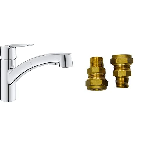 GROHE QUICKFIX Start & UK Adaptors - Kitchen Tap Mixer with Pull-Out Dual Spray (Low Spout with 90° Swivel Area, 1-Hole Easy to Install, Requires Min 1.0 Bar, Tails 3/8 Inch), Chrome, 30531001