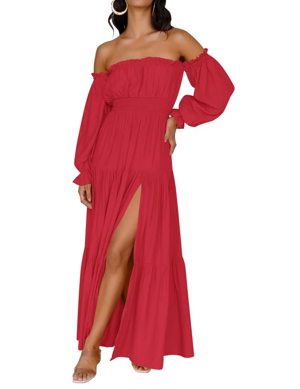 ZESICA Women's 2025 Boho Sexy Off Shoulder Long Sleeve Smocked High Waist Side Split Flowy A Line Tiered Long Maxi Dress, Cherry, S