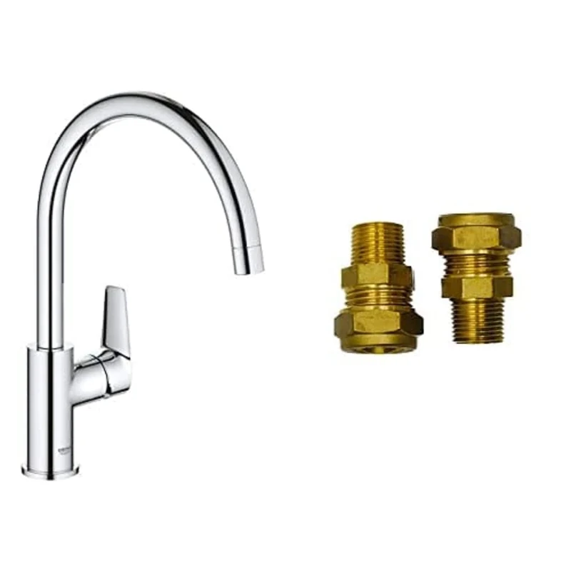 GROHE BauEdge & UK Adaptors – 1 Lever Kitchen Mixer Tap (Monobloc Installation, High Spout, Swivel Area 360˚, 28 mm Ceramic Cartridge, Tails 3/8 inch), Easy Installation, Size 332 mm, Chrome, 31367001