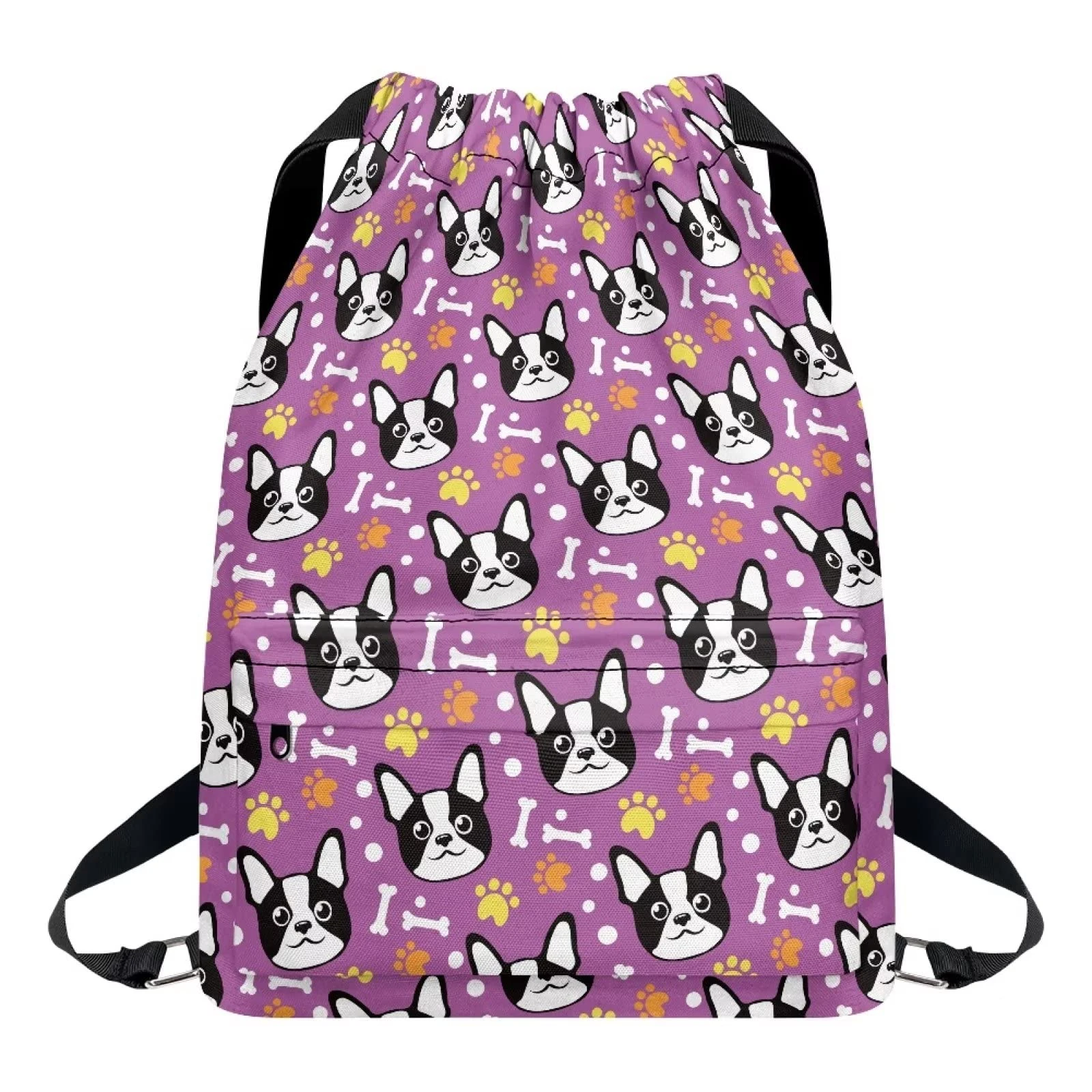 Dolyues Cute Boston Terrier Drawstring Bag School Sport Swimming Portable Cinch Bags with Zipper Pocket Large Backpack Waterproof Students Bookbag, Purple