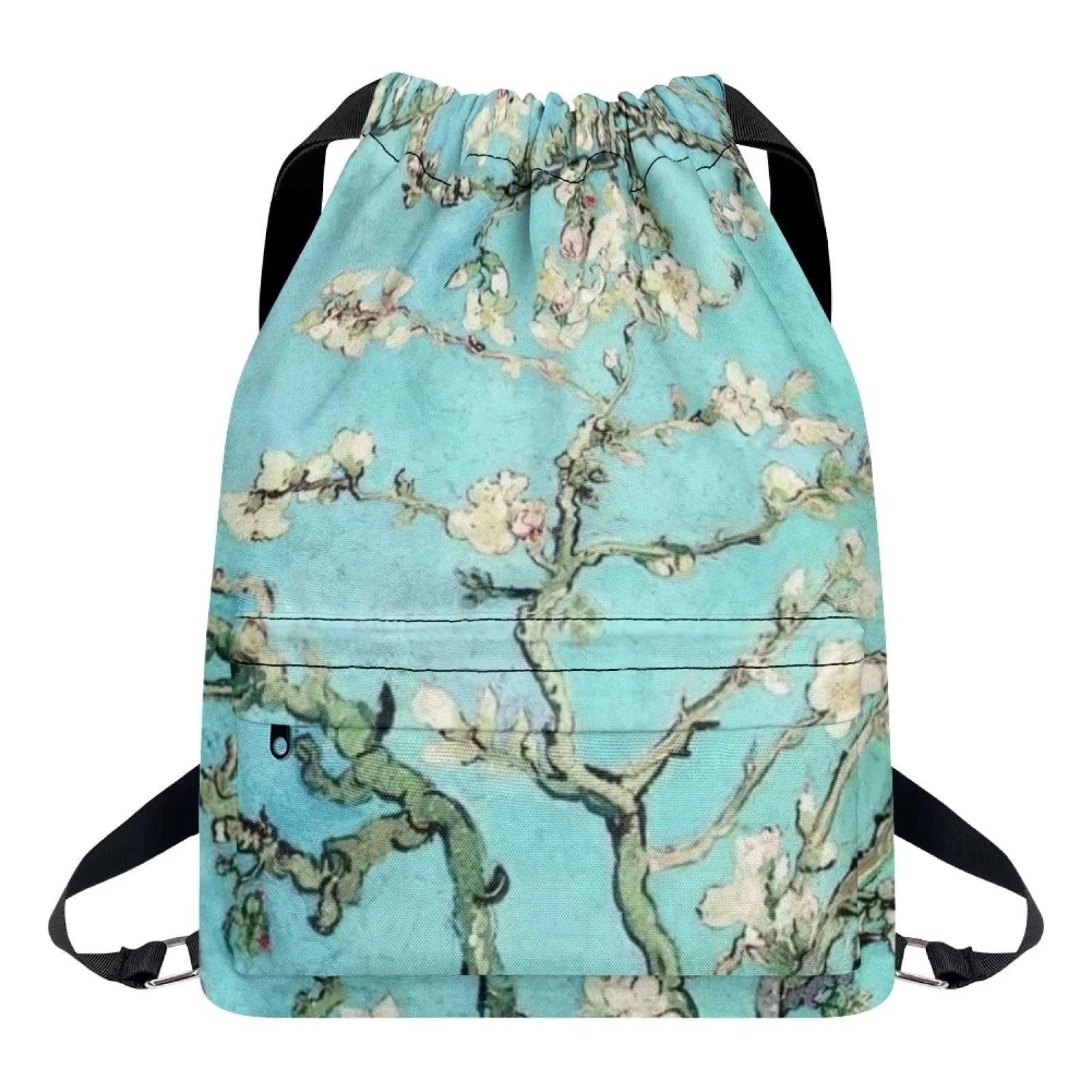 Dolyues Almond Blossom Drawstring Bags, Gym Bag for Women Girl Large Waterproof PE Bags with Zipper Pocket School String Sackpack, Wear Resistant Backpack