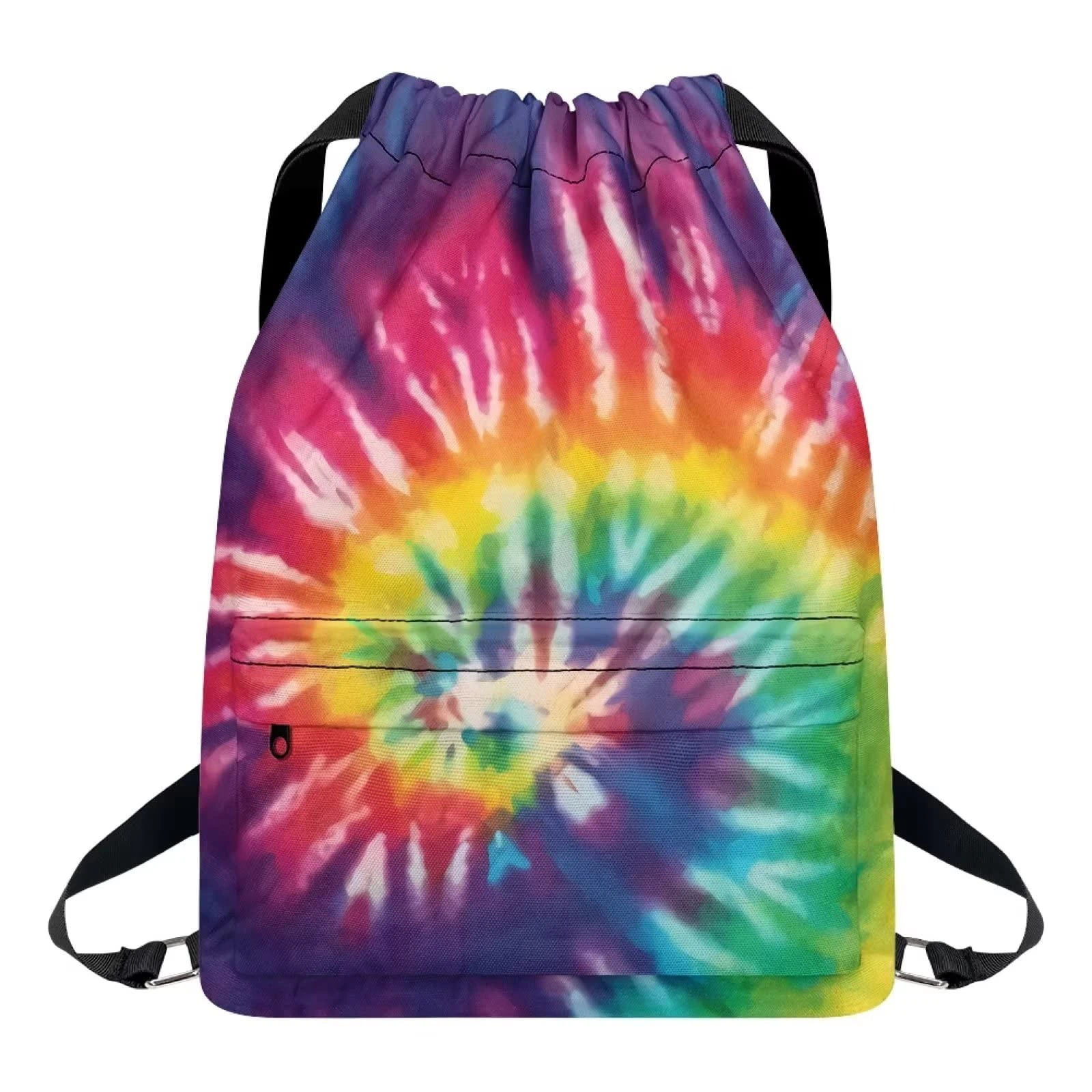Dolyues Swirl Tie Dye Drawstring Bags Waterproof Gymsack with Pocket Zipper String Swimming Bag Colorful Softpack Hiking Bagpack Fishing Cinch Bag