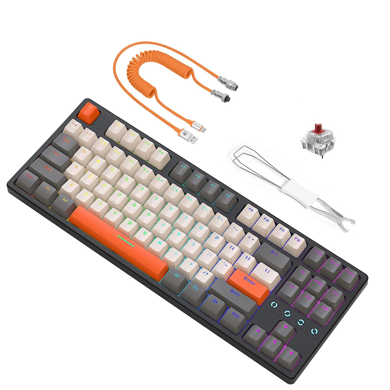 ATTACK SHARK K87 TKL Hot Swappable Wired Mechanical Gaming Keyboard with Custom Coiled USB C Cable, Red Switch Full Key Anti-Ghosting,LIGHTSYNC RGB Programmable,Type-C USB Cable White,for PS4/MAC/Wins