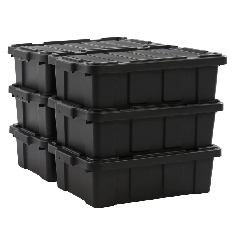 Iris Ohyama, Garage Storage Boxes, Plastic Storage Box with Lids, Closing Clips, 25L/6Pack, BPA Free, Black Lid, W57.5 x D38 x H17.5cm, DDSKT-230
