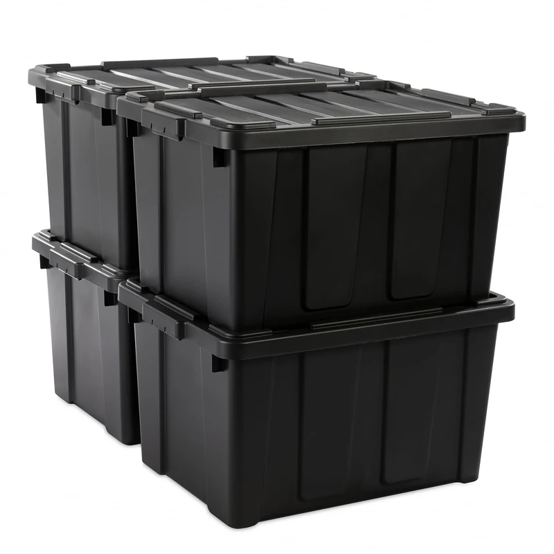Iris Ohyama, Garage Storage Boxes, Plastic Storage Box with Lids, Closing Clips, 68L/4Pack, BPA Free, Black Lid, W62 x D44 x H35cm, DDSKT-700
