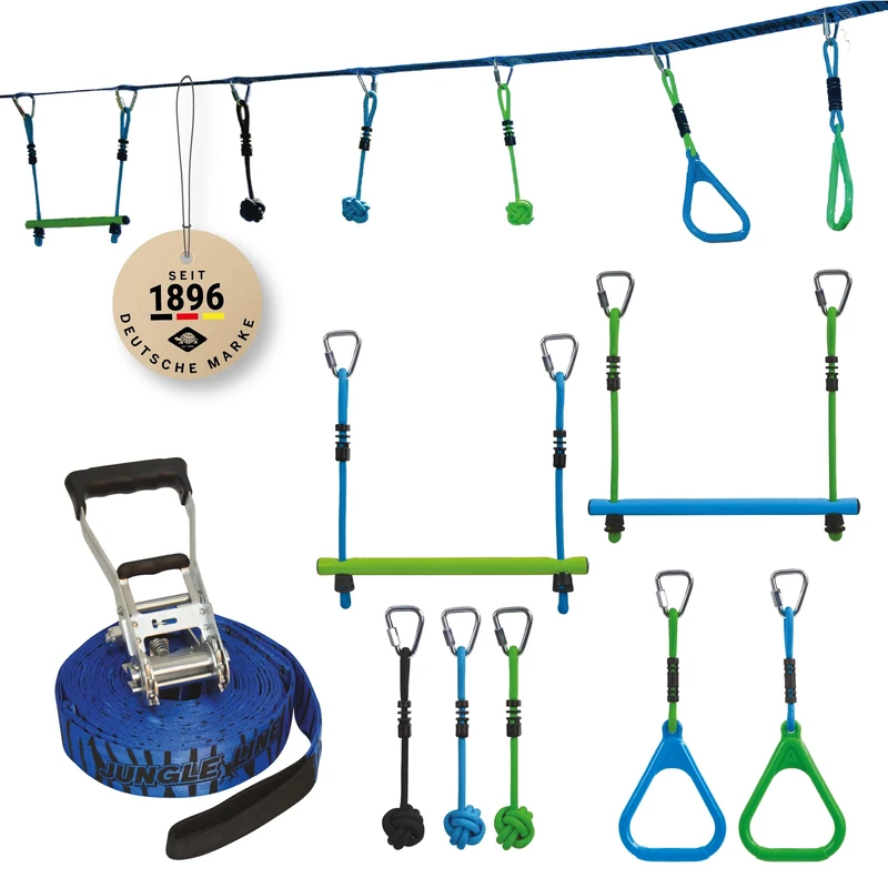 Schildkröt® Jungle Line Climbing Course Set with 7 Durable Obstacles | Outdoor Ninja Warrior Rings, Ropes & Rung Play | 11 Metres Long | Storage Bag & Instructions Included - Image 1
