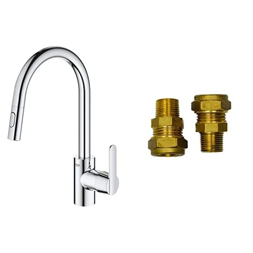 GROHE Get & UK Adaptors - Kitchen Sink Pull-Out Mixer Tap (2 Spray, High Spout, 360° Swivel Range, 35mm Ceramic Cartridge, Smooth Docking, Tails 3/8 Inch, QuickMount), Size 381mm, Chrome, 31484001