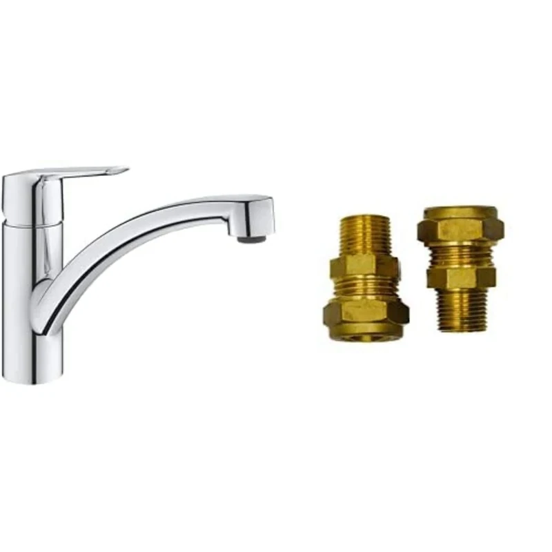 GROHE QUICKFIX Start & UK Adaptors - Kitchen Sink Mixer Tap (Low Spout, 140° Swivel Area, 35mm Ceramic Cartridge, 1 Hole Easy to Install, Min. Rec. Pressure 1.0 Bar, Tails 3/8 Inch), Chrome, 30530002