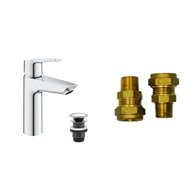 GROHE QUICKFIX Start & UK Adaptors - Wash Basin Mixer Tap with Click-Clack Push Waste Set (1 Lever, Water Saving Technology, Easy to Install, 3-in-1 Tool, Tails 3/8 Inch), Size 192mm, Chrome, 24204002