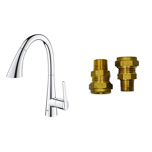 GROHE Zedra & UK Adaptors – Pull Out Kitchen Sink Mixer Tap (High C-spout, 3 Spray, 35mm Ceramic Cartridge, 360° Swivel Range, Magnetic Docking, Water Saving Technology), Size 401mm, Chrome, 32294002
