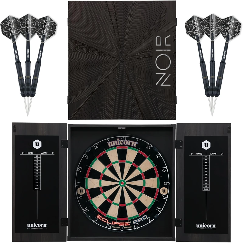 Unicorn Home Darts Centre | Noir | Eclipse Pro Dartboard & Black Cabinet | Sisal Bristle Board with Staple-Free Construction | Wipe-Clean Scoring Blackboard | includes 2 Sets of Darts