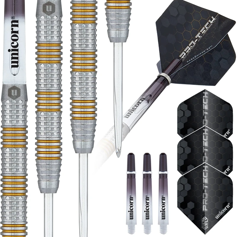 Unicorn Steel Tip Darts Set | Pro-Tech Style 3 | 90% Natural Tungsten Barrels with Golden Accents & Volute Points | 25 g