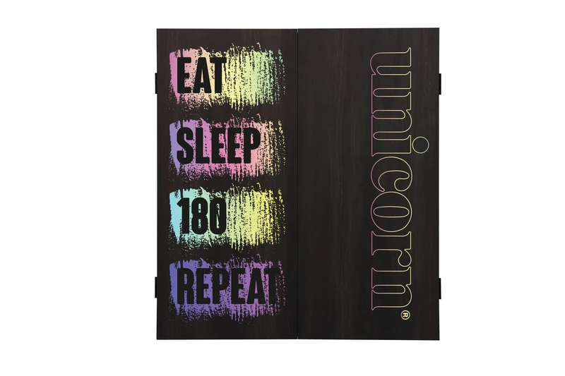 Unicorn Dartboard Cabinet | Maestro | Compact Square Case | Wipe-Clean Scoring Blackboard | Eat, Sleep, 180, Repeat Design